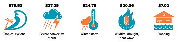 U.S. natural catastrophe economic losses in 2021 were $79.53 billion for tropical cyclones; $37.25 billion for severe convective storms; $24.79 billion for winter storms; $20.36 billion for wildfires, drought, and heat waves; and $7.02 billion for flooding.
