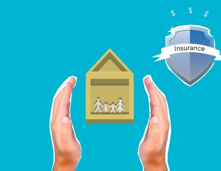 Paper cutout of hands protecting a house beside an insurance shield